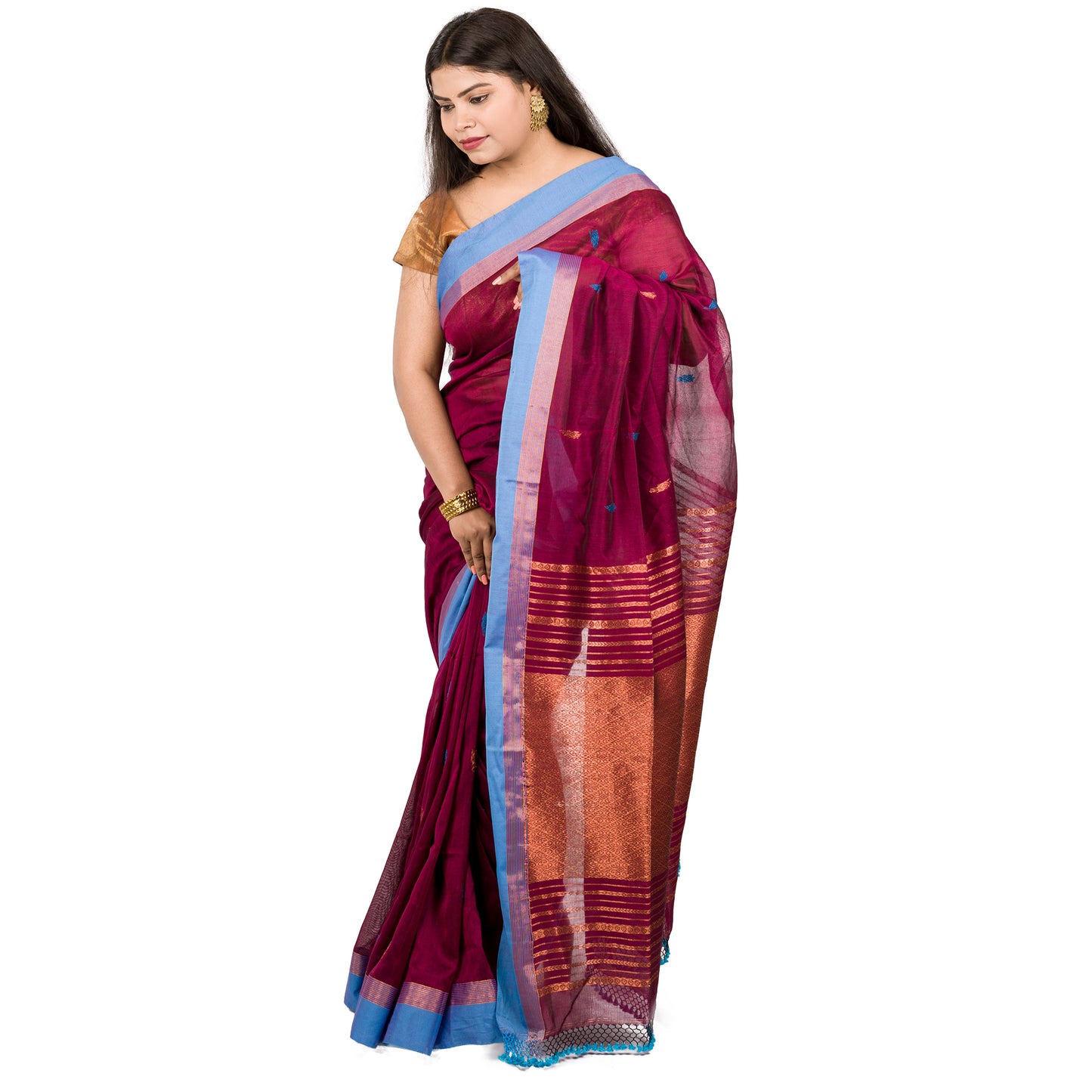 Maheshwari Silk | Jari Border | Coke Colour Saree