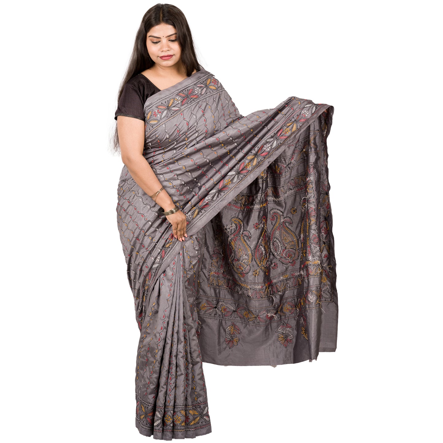 Grey Colour Kantha Stitch Saree