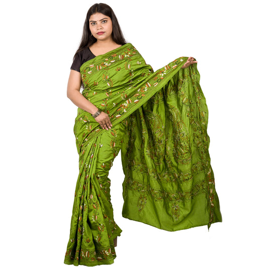 Green Colour Kantha Stitch Saree
